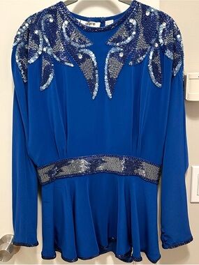 Vintage 80s D'ore Royal Blue Beaded Sequin Formal Glam Peplum Top 12 Open Back